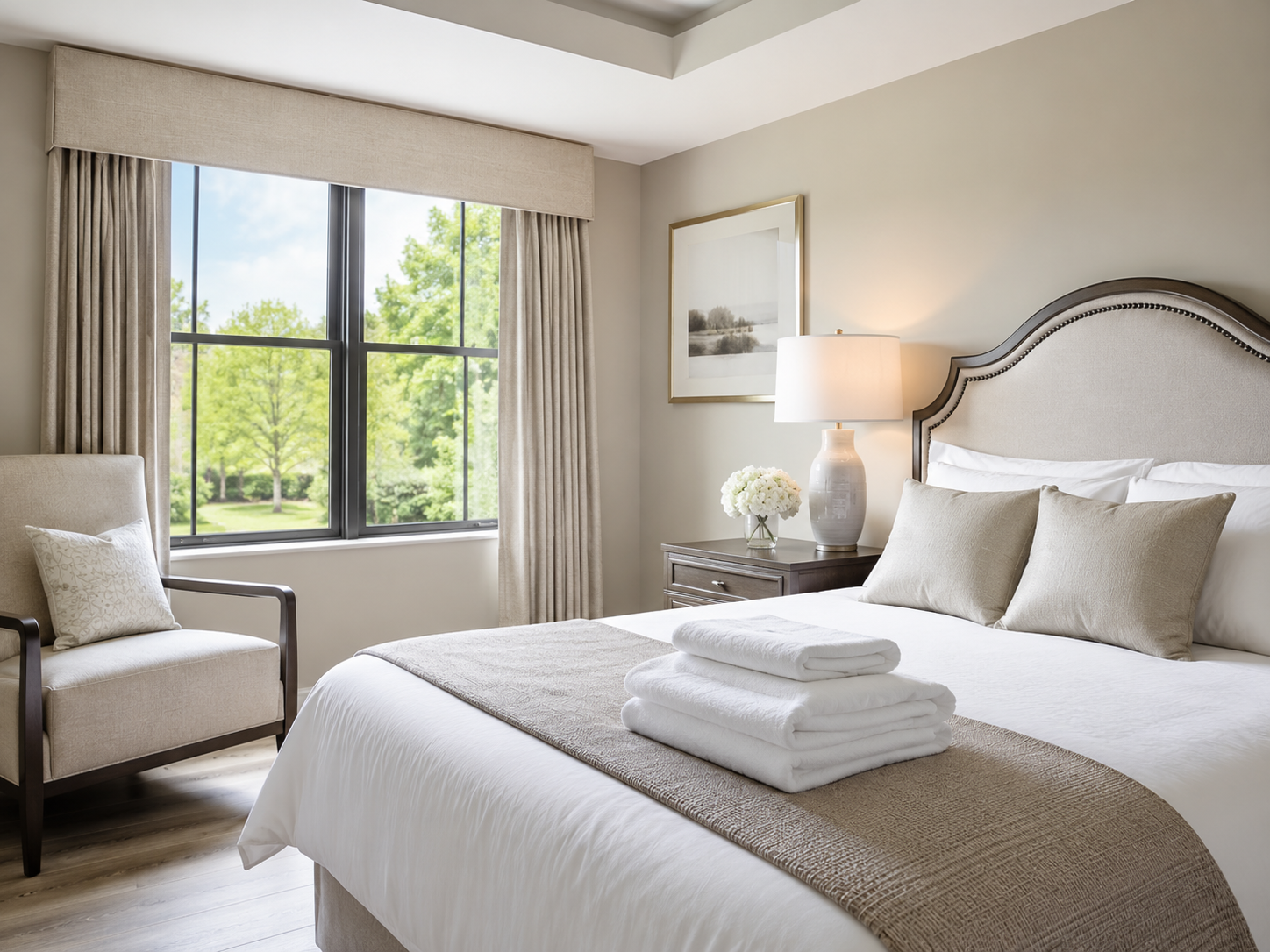 Clean folded linens and towels prepared for an assisted living and care facility.