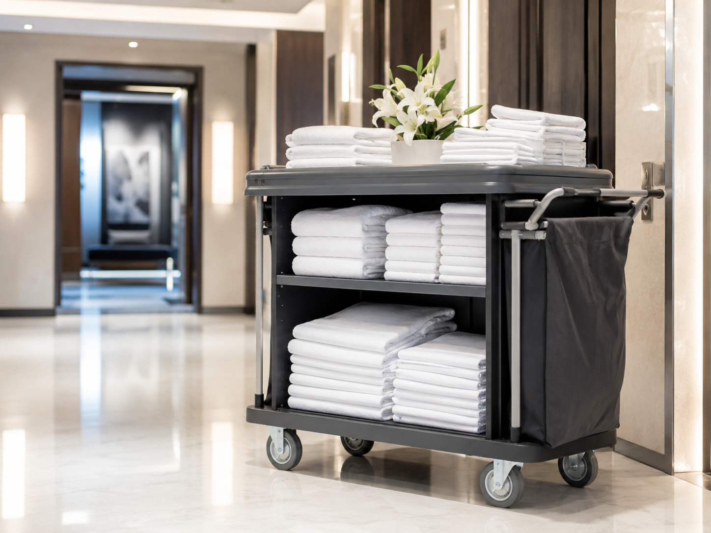 Clean folded towels and linens prepared for cleaning company and turnover support.