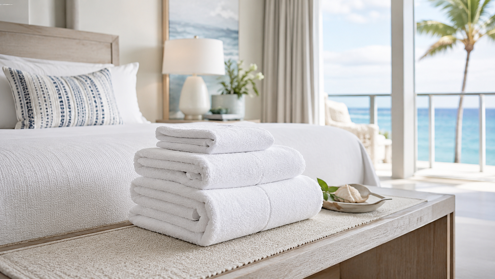 Professionally folded hotel linens and towels prepared for boutique hospitality service.
