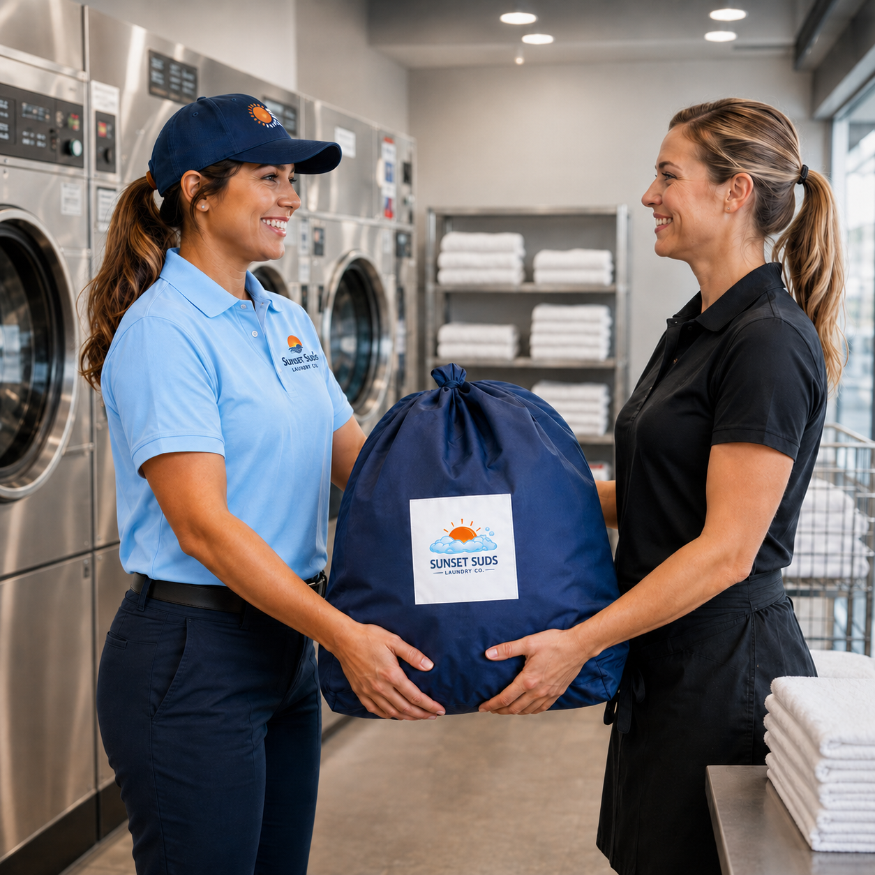Sunset Suds delivery partner dropping off a laundry bag to a laundromat employee.