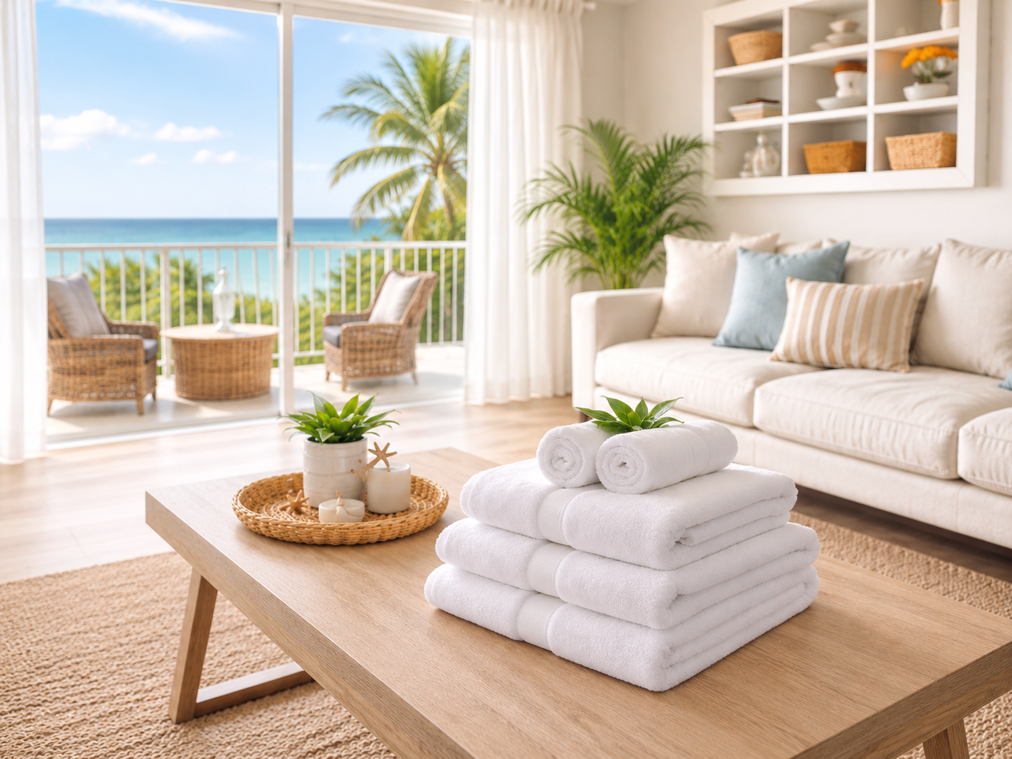 Fresh folded towels in a bright coastal rental setting