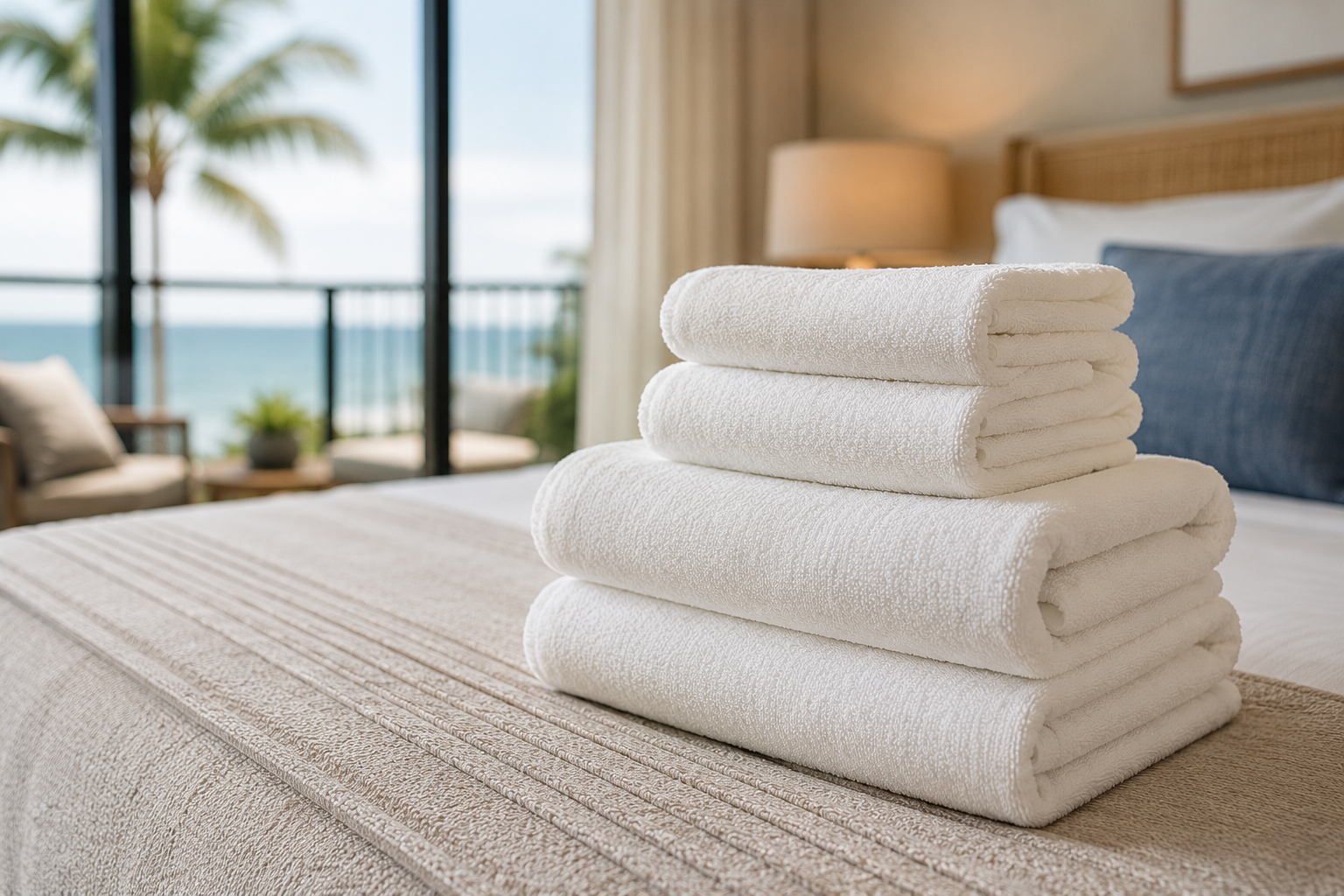 Neatly stacked white linens and towels prepared for vacation rental turnover service.